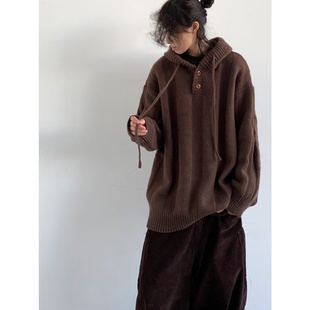 秋冬日系复古棕色美拉德连帽毛衣男女生学院风慵懒形针织衫 外套
