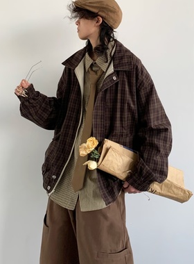 日系复古格子双面穿夹克男女春秋小众cleanfit束腰情侣翻领外套潮
