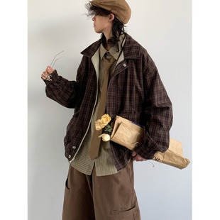 日系复古格子双面穿夹克男女春秋小众cleanfit束腰情侣翻领外套潮