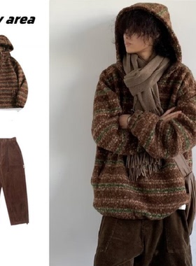 秋冬日系复古民族风羊羔绒连帽卫衣男女港风宽松休闲拉链套头上衣