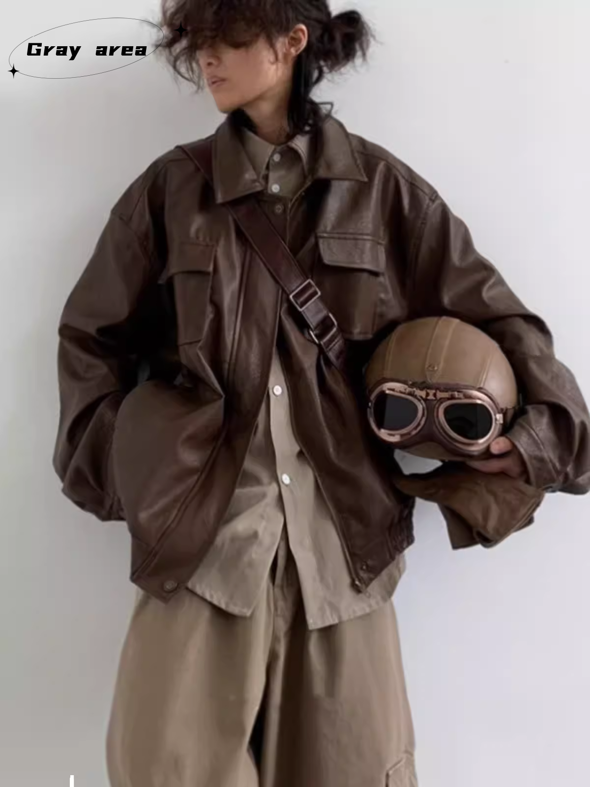 pu皮日系复古翻领宽松皮衣