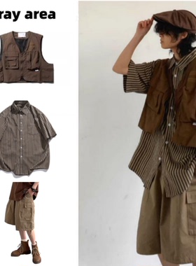 夏季套装日系复古条纹短袖衬衫男女生港风休闲宽松五分袖衬衣整套