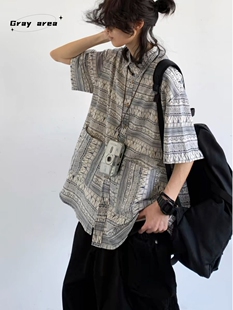 男女生国潮休闲宽松五分袖 衬衫 衬衣 日系复古民族风印花短袖 夏季