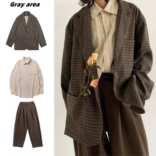 秋冬套装日系复古细格纹西服男女生港风宽松休闲小西装夹克外套