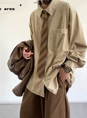 春秋季日系复古港风竖条纹长袖衬衫男女学院风宽松休闲盐系衬衣