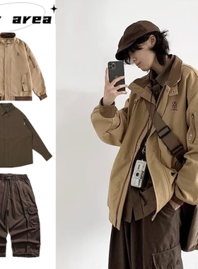 秋冬套装日系复古刺绣棕色工装夹克男女宽松翻领休闲机车服外套