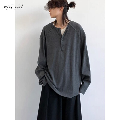 早秋套装日系复古亨利领长袖T恤男女宽松休闲百搭纯色打底衫上衣
