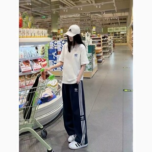 秋季潮牌新款刺绣网红三杠男女宽松休闲运动裤透气棉阔直筒长裤子