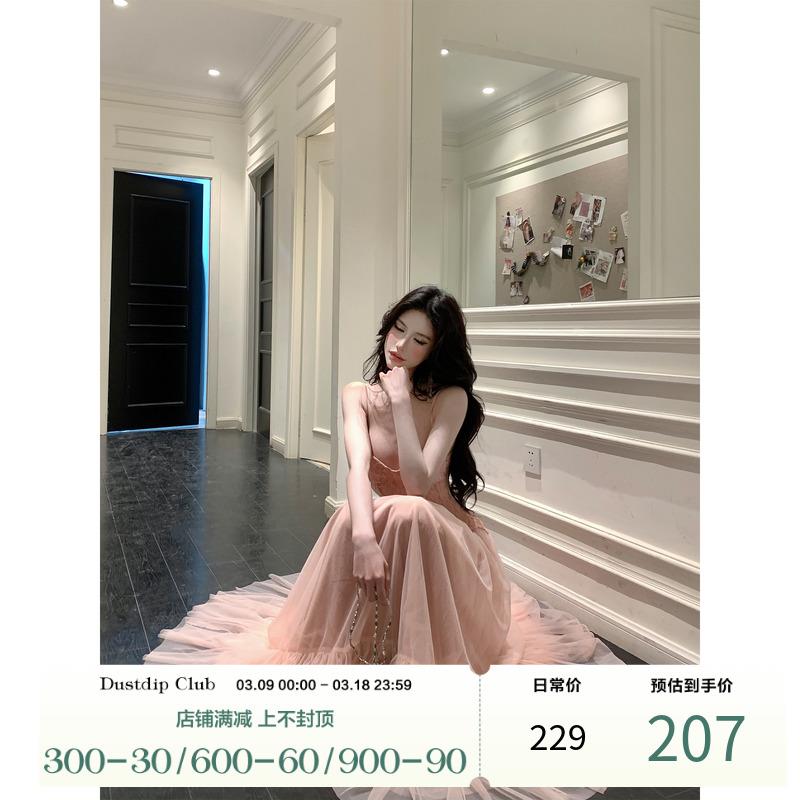 灰尘邓邓 蕾丝吊带连衣裙女2025春季新款网纱拼接长裙气质裙子