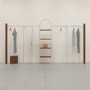 服装店展示架上墙陈列架落地女装店货架挂衣架胡桃木色简约不锈钢