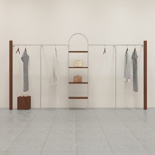不锈钢胡桃木纹色服装展示架
