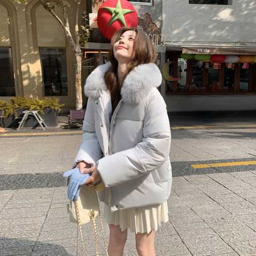 大毛领连帽短款羽绒棉服女2025年冬季韩版宽松加厚保暖棉衣外套