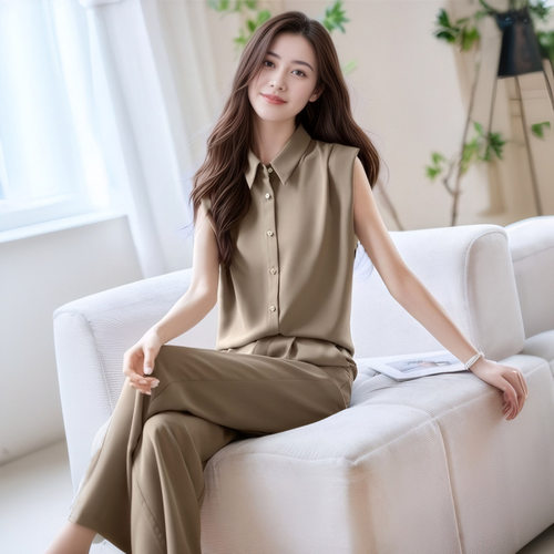 职场通勤简约无袖衬衫阔腿裤套装2025年夏新款大气质感两件套装