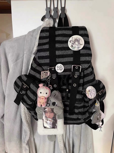 Newjeans同款机能风复古条纹双肩包新款秋冬百搭大容量学生休闲包