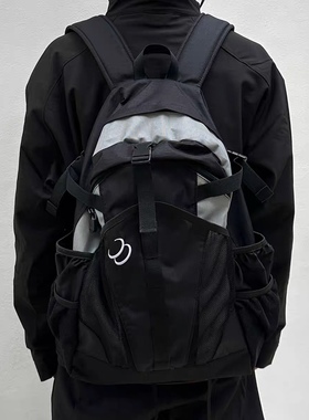 自制美式复古中性双肩包黑灰色情侣大容量工装旅行包学生电脑包