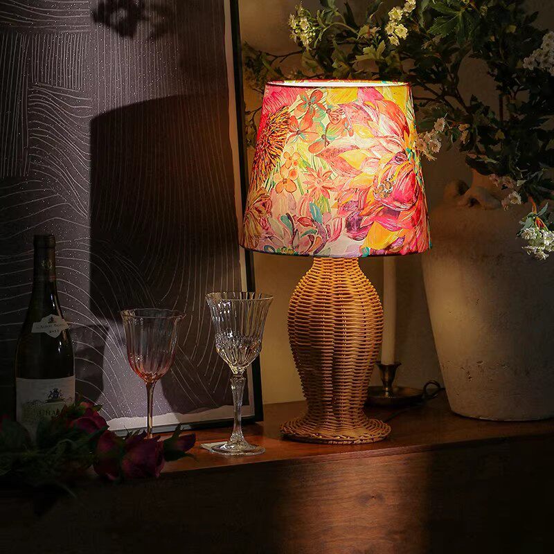 宝照海洋花台灯 法式浪漫度假藤编花朵氛围田园装饰边柜床头桌灯