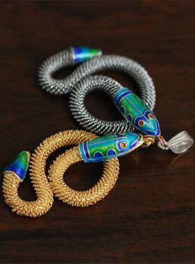 925银手工烧蓝蛇形耳环吊坠