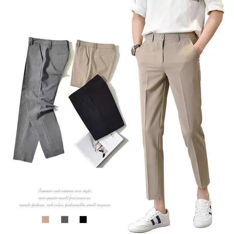 小脚休闲韩版潮流男直筒男式九分裤直筒修身西裤黑色褶皱西裤