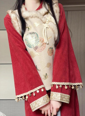 2025秋冬新中式复古国风改良马甲旗袍裙两件套红色过年收腰连衣裙