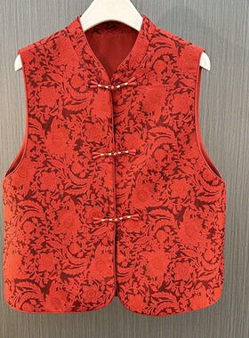 新中式国风盘扣红色提花马甲时髦坎肩女2026春季新款无袖立领上衣