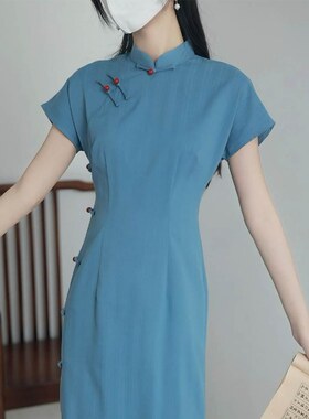 蓝色复古风改良新中式条纹旗袍2025年夏新款日常可穿年轻款连衣裙