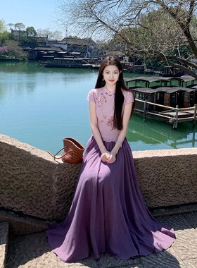 【紫黛】新中式绣花镂空木耳边上衣女春夏新款高档宽松半身裙套装