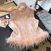 秋冬季 国风马甲女 百搭马夹鸵鸟毛新中式 新款 高级感气质提花无袖