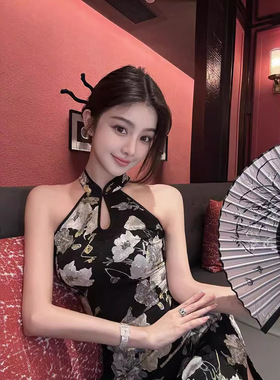 夏季性感黑色新中式无袖挂脖旗袍连衣裙国风复古修身显瘦开叉长裙