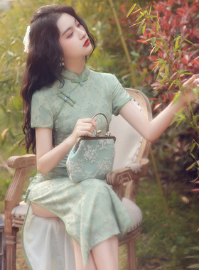 改良旗袍复古中国风年轻款连衣裙女夏长款2025年新款少女绿色素雅