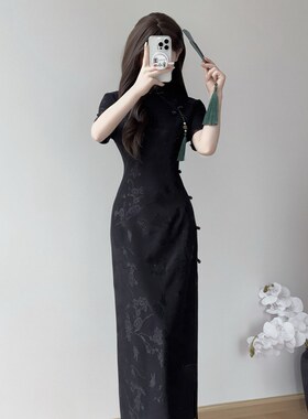 黑色古法旗袍少女新中式高端气质提花连衣裙2025新款夏季复古绝美