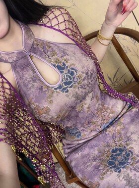 超仙旗袍紫妃连衣裙原创自制春款新中式国风风情水滴领烫金花朵