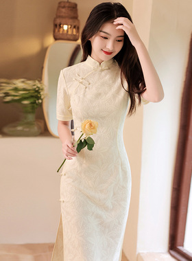 短袖旗袍高级感2025年新款春夏年轻款高端气质长款民国复古连衣裙