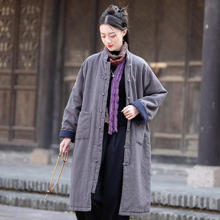 25冬新品中式复古对襟盘扣棉袍女式禅意砂洗夹棉加厚棉麻长款棉衣