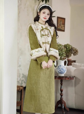 2025秋冬新款改良汉服套装女新中式国风复古改良旗袍马甲两件套