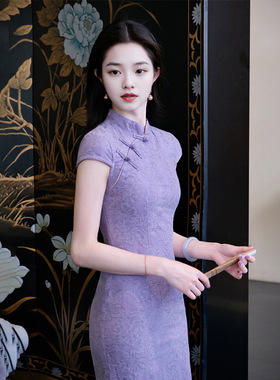 温辞紫色新中式提花改良旗袍裙女2025春夏复古国风收腰长裙连衣裙
