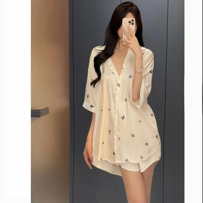 睡衣夏天女冰丝蝴蝶睡裙短裤套装宽松甜美仙女纯欲简约高级感睡衣