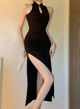 高级性感纯欲舞蹈改良旗袍女早春季开叉御姐新中式挂脖包臀连衣裙