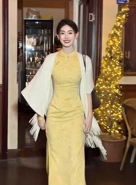 2025年夏新中式黄色立领连衣裙气质改良旗袍高腰显瘦显腰细长裙子