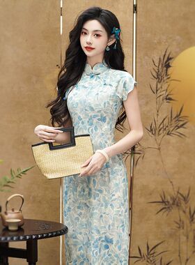 《柔蓝蔓花》年轻款绝美江南风旗袍2025夏季新款日常透气少女裙子