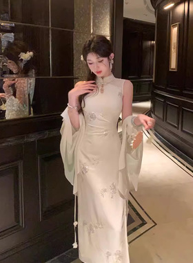 复古新中式女装改良旗袍裙法式气质名媛修身包臀连衣裙披肩两件套