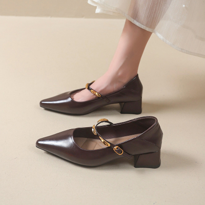 高跟鞋尖头玛丽珍鞋软皮粗跟单鞋