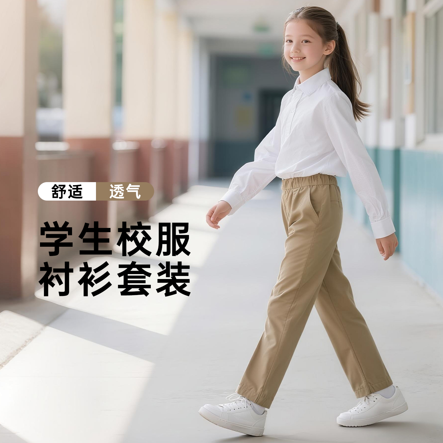 儿童长袖衬衫校服运动学院套装男女童白色衬衣春秋新款卡其色裤子