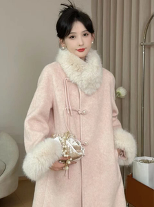 荷枝桃桃粉色毛呢外套女2023秋冬新款中长款国风盘扣羽绒棉服大衣