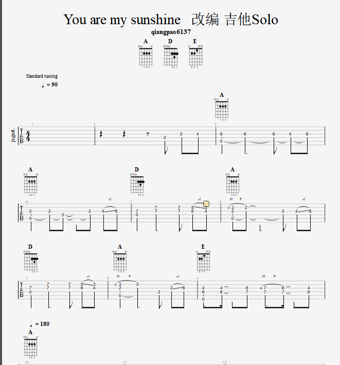 世界名曲 you are my sunshine  改编吉他solo电子版 伴奏谱视频