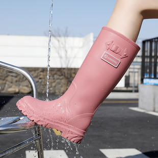 军登甜美粉色高筒雨鞋女户外徒步厚底防水鞋防滑软底时尚外穿雨靴