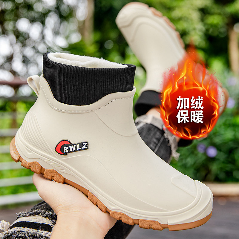 德系雨鞋男款加绒加厚时尚防水防滑短筒雨靴骑手工地钓鱼水鞋胶鞋