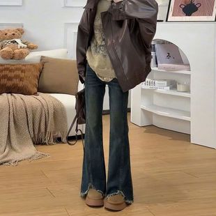 女高腰遮胯显瘦百搭喇叭裤 大码 牛仔裤 复古开叉微喇裤 子 胖mm秋冬季