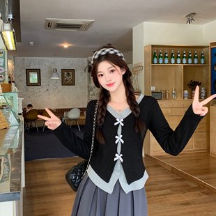 假两件撞色拼接长袖 胖mm大码 T恤蝴蝶结收腰上衣 新款 实拍2025秋装