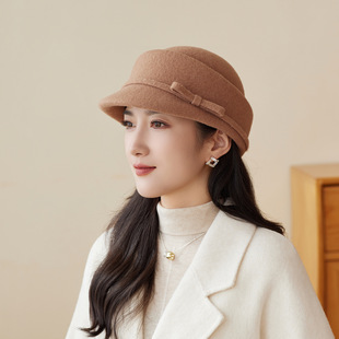日系复古羊毛呢蝴蝶结马术帽中老年女士英伦礼帽户外保暖秋冬帽子
