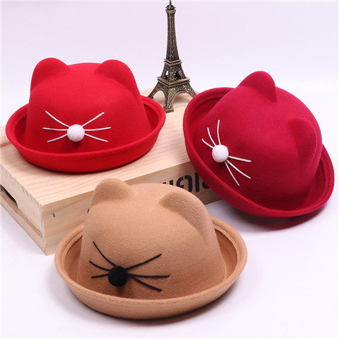 秋冬款儿童毛呢帽子男女宝宝猫耳朵小礼帽婴儿渔夫帽猫咪翻边盆帽